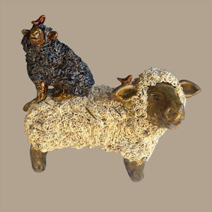 Stacked Sheep with Red Birdie 9"T