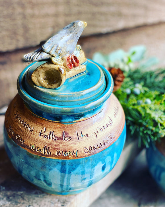 Sparrow Scripture Pot with Flowers 8”