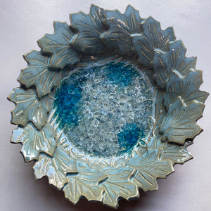 Leaf Bowl with Melted Glass 7" across 3" tall